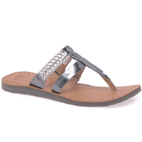 UGG Audra Metallic Silver Braid Leather Double Strap Thong Slide Boho Sandals - Picture 3 of 16